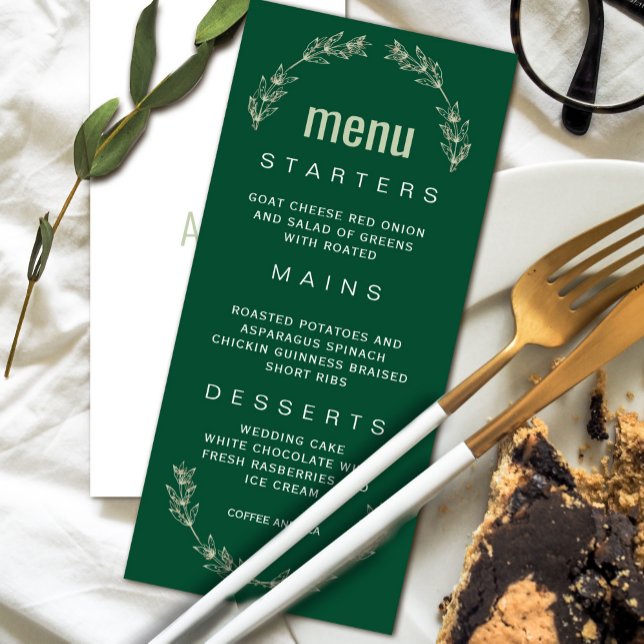 Invitación Elegante menú Boda de la vegetación | Tipo de letr (Elegant Greenery Wedding Menu | Script Font Invitation #zazzlemade #wreathleaf #decemberdinner)