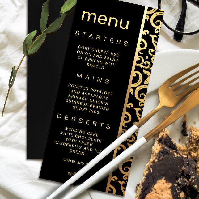 Invitación Elegante menú Boda de marco dorado (Elegant gold Frame Wedding Menu Invitation #zazzlefinds #elegantmenu #blackandgld #decorationframe)