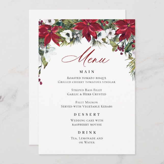 Invitación Elegante menú Boda de Navidades de la Poinsettia R (Anverso / Reverso)