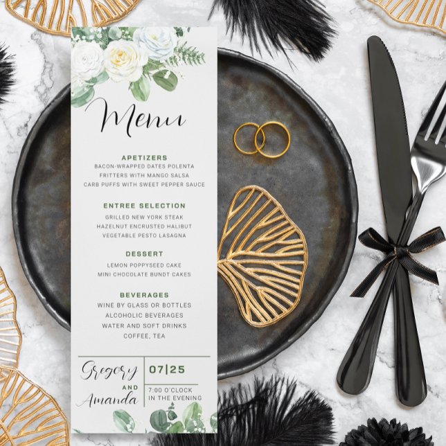 Invitación Elegante menú Boda de rosas blancas y vegetación (Subido por el creador)