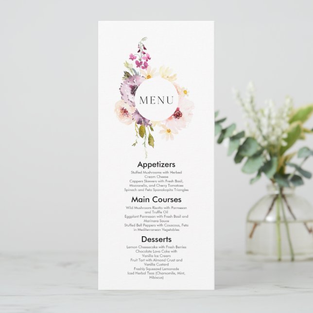 Invitación Elegante menú Boda floral (Anverso de pie)