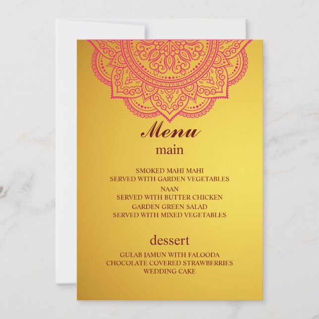 Invitación Elegante menú Boda hindú rosado dorado (Anverso)