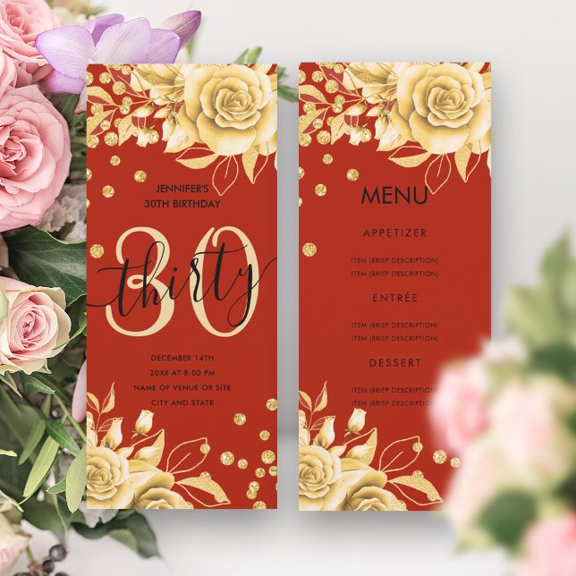Invitación Elegante menú de 30 cumpleaños Purpurina dorado de (Elegant 30 Birthday Menu Gold Red Floral Glitter Invitation)