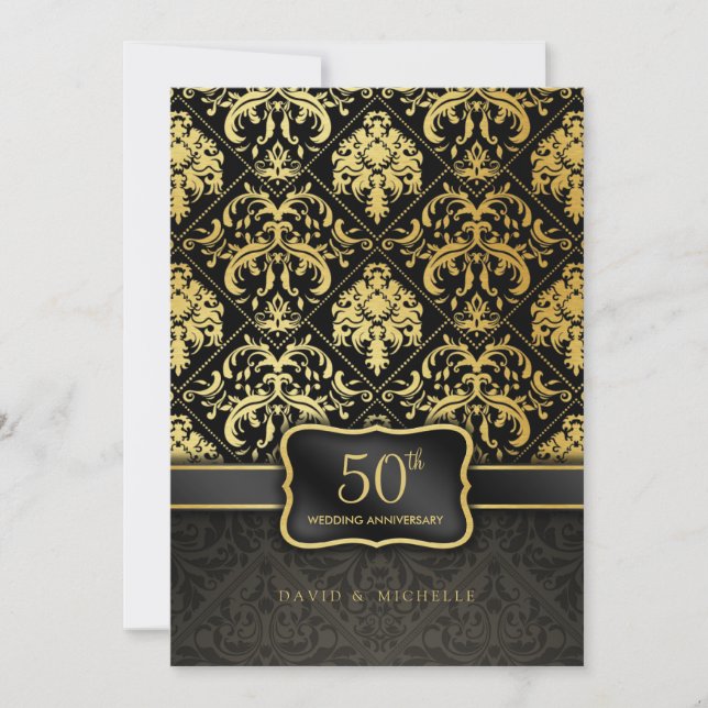 Invitación Elegante menú de 50 años Boda en negro y oro (Anverso)