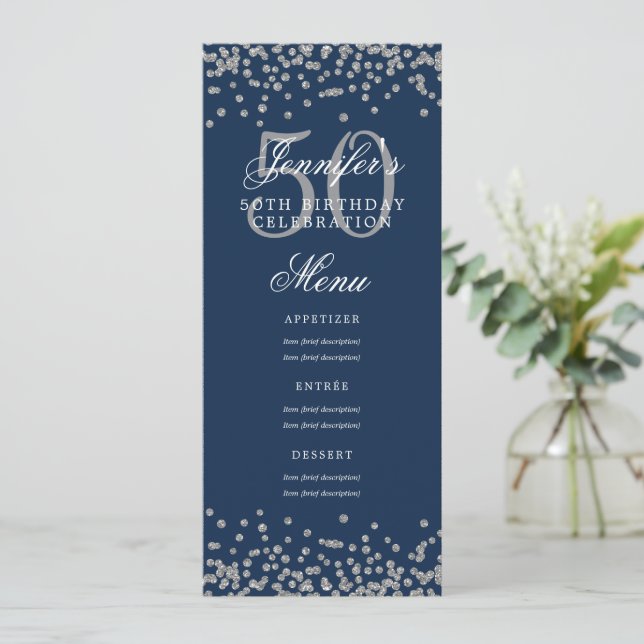 Invitación Elegante menú de 50 cumpleaños Confetti azul de la (Anverso de pie)