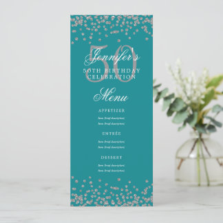 Invitación Elegante menú de 50 cumpleaños Confetti color turq