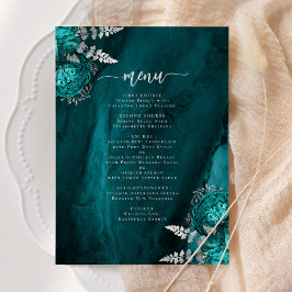 Invitación Elegante menú de boda floral azul turquesa y plata