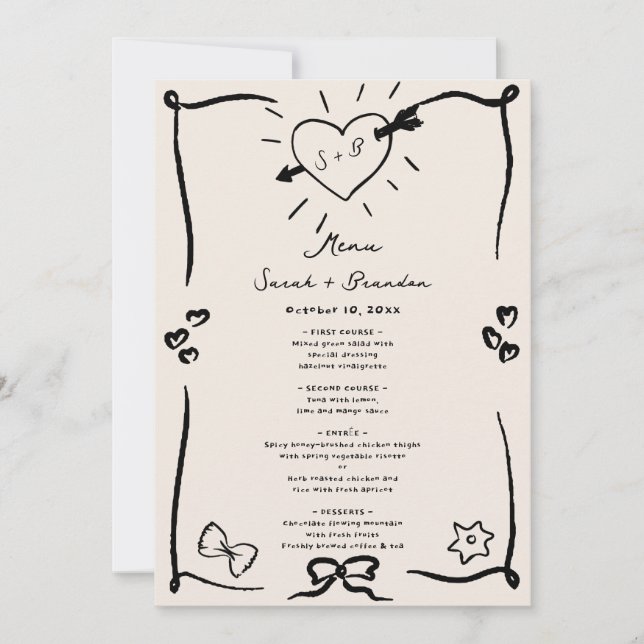 Invitación Elegante menú de Boda negro retro dibujado a mano (Anverso)