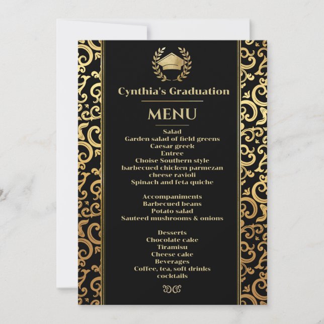 Invitación Elegante menú de cena de graduación de marco dorad (Anverso)
