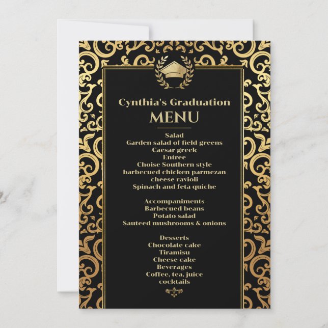 Invitación Elegante menú de cena de graduación de marco dorad (Anverso)