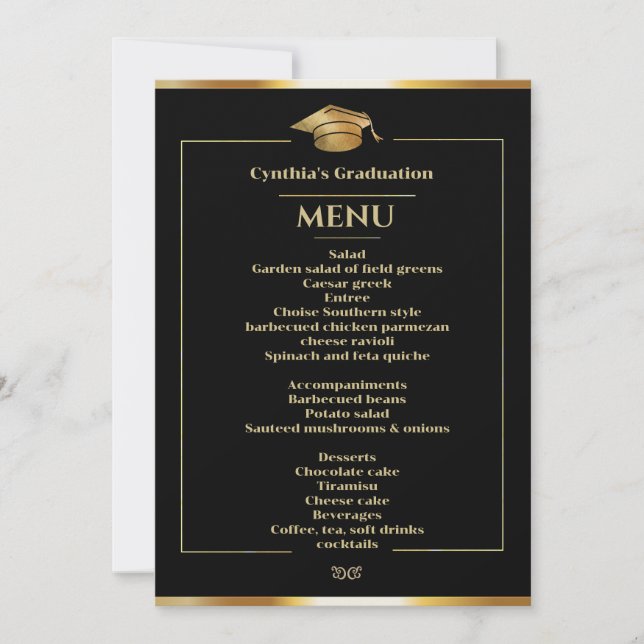 Invitación Elegante menú de cena de graduación en negro y oro (Anverso)