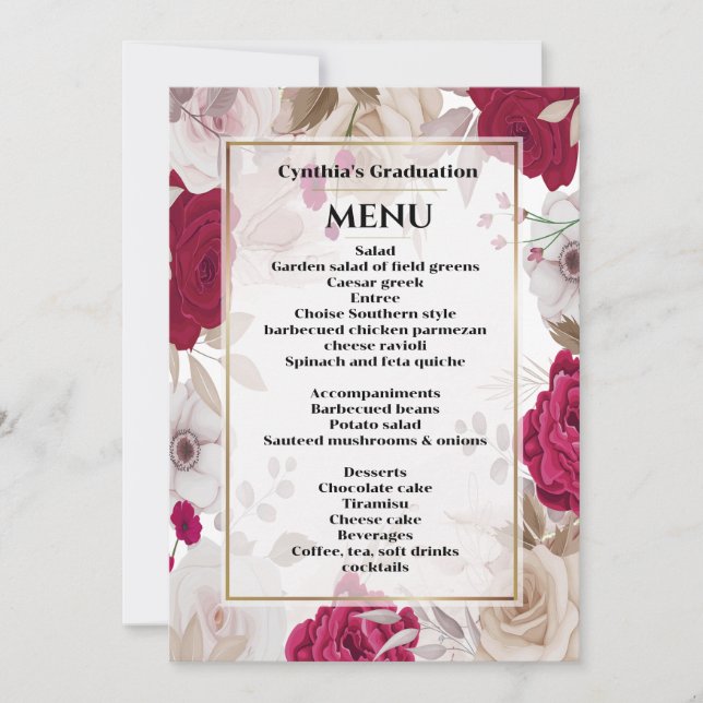 Invitación Elegante menú de cena de graduación floral (Anverso)