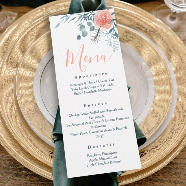 Invitación Elegante menú de cocina para el eucalipto de invie (elegant pink light green eucalyptus leaves pine needles winter wedding reception dinner menu)