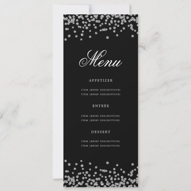 Invitación Elegante menú de cumpleaños 50 Confetti negro plat (Reverso)