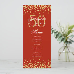 Invitación Elegante menú de cumpleaños 50 Confetti rojo dorad