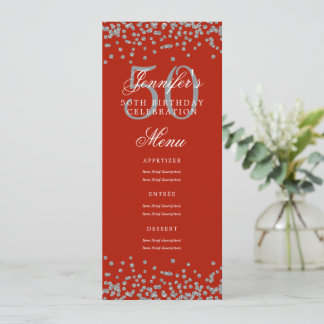 Invitación Elegante menú de cumpleaños 50 Confetti rojo plate