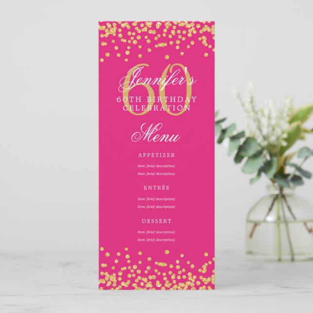 Invitación Elegante menú de cumpleaños 60 Confetti dorado ros (Anverso de pie)