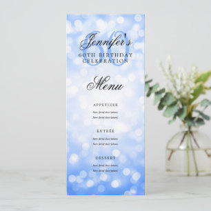 Invitación Elegante menú de cumpleaños 60 luces de bokeh azul