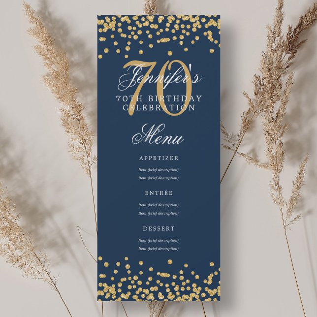 Invitación Elegante menú de cumpleaños 70 Confetti azul de la (Elegant 70th Birthday Menu Gold Navy Blue Confetti Invitation)