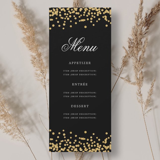 Invitación Elegante menú de cumpleaños 70 Confetti negro de o (Elegant 70th Birthday Menu Gold Black Confetti Invitation)