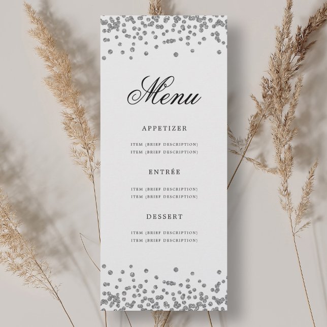 Invitación Elegante menú de cumpleaños 70 Confetti plateado (Elegant 70th Birthday Menu Silver Confetti Invitation)
