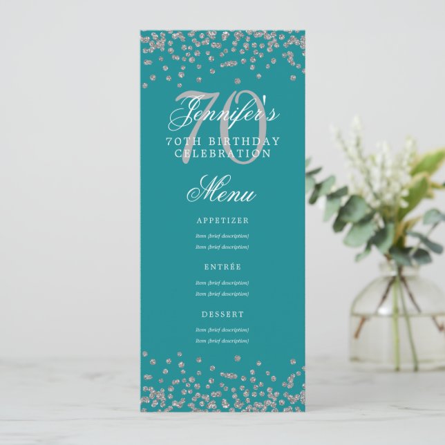 Invitación Elegante menú de cumpleaños 70 Confetti plateado V (Anverso de pie)