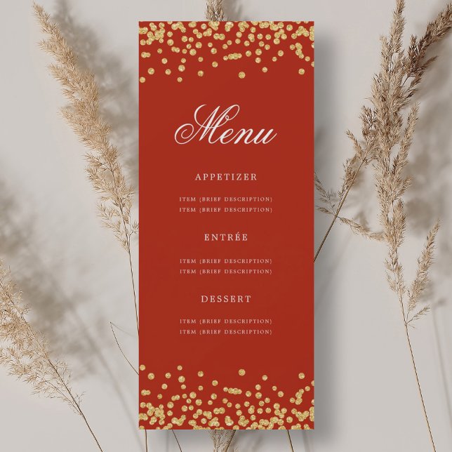Invitación Elegante menú de cumpleaños 70 Confetti rojo dorad (Elegant 70th Birthday Menu Gold Red Confetti Invitation)