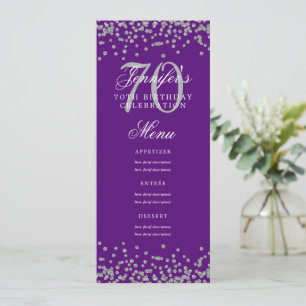 Invitación Elegante menú de cumpleaños 70 Plata Confetti Púrp