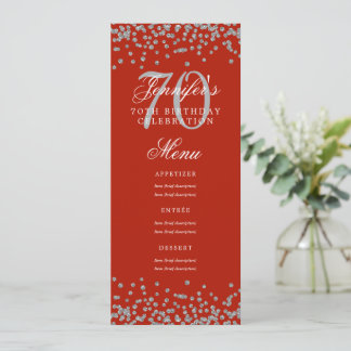 Invitación Elegante menú de cumpleaños 70 Plata Confetti Rojo