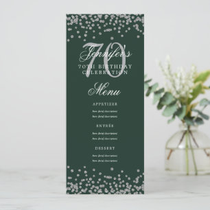 Invitación Elegante menú de cumpleaños 70 Plata Confetti Verd