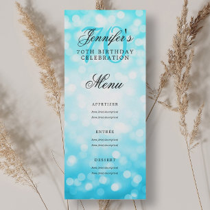Invitación Elegante menú de cumpleaños 70 Turquoise Bokeh