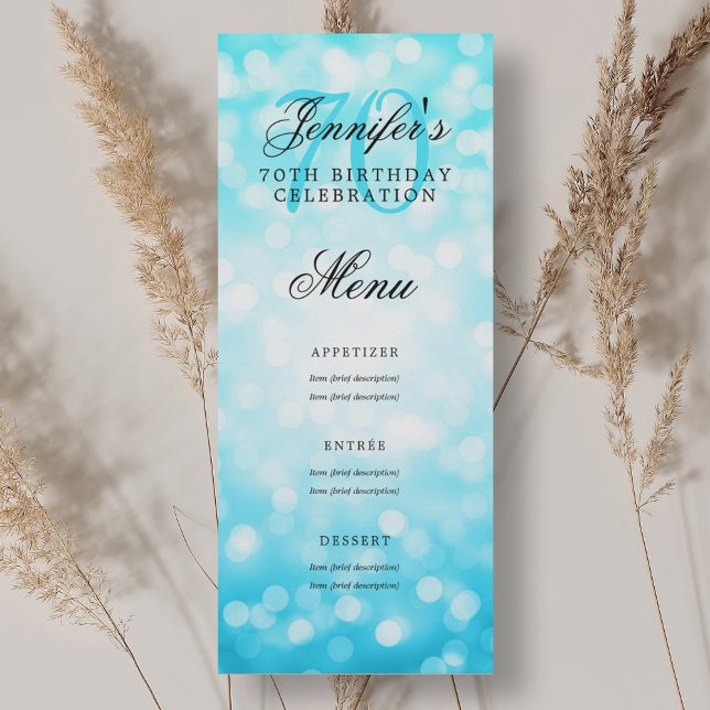 Invitación Elegante menú de cumpleaños 70 Turquoise Bokeh (Elegant 70th Birthday Party Menu Turquoise Bokeh Invitation)