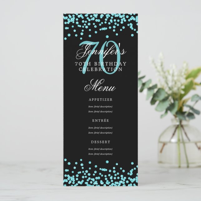 Invitación Elegante menú de cumpleaños 70 Verde azulado Confe (Anverso de pie)