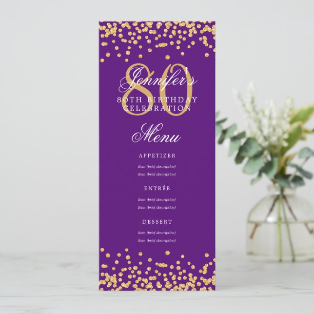 Invitación Elegante menú de cumpleaños 80 Confetti morado de  (Anverso de pie)