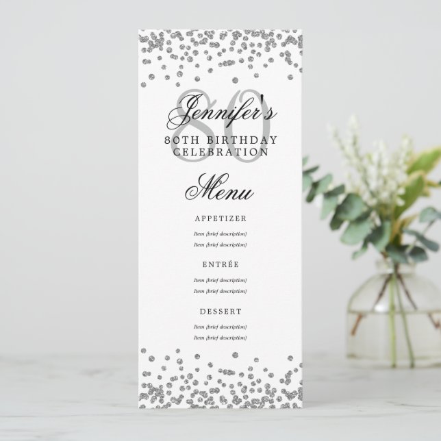 Invitación Elegante menú de cumpleaños 80 Confetti plateado (Anverso de pie)