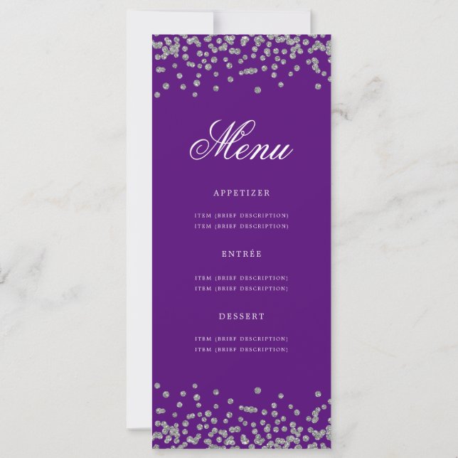 Invitación Elegante menú de cumpleaños 80 Plata Confetti Purp (Reverso)