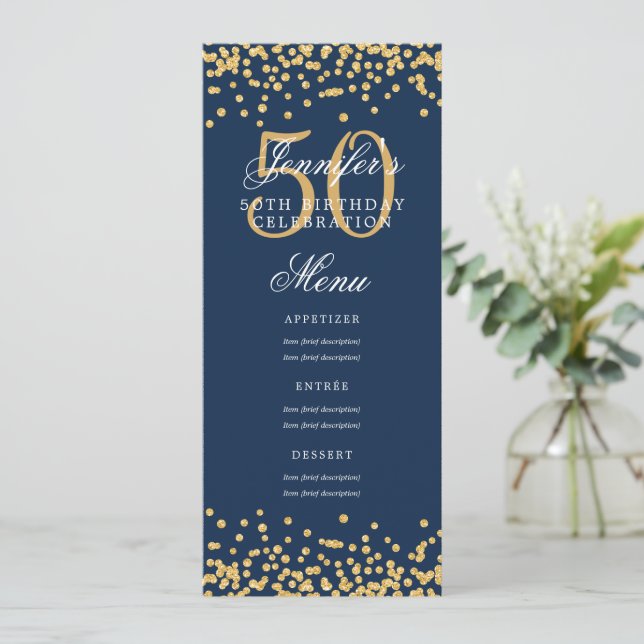 Invitación Elegante menú de cumpleaños número 50 Confetti azu (Anverso de pie)