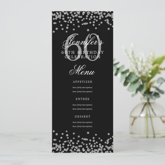 Invitación Elegante menú de cumpleaños número 60 Confetti neg (Anverso de pie)