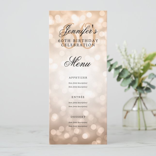 Invitación Elegante menú de cumpleaños número 60 Rosa Luces d (Anverso de pie)