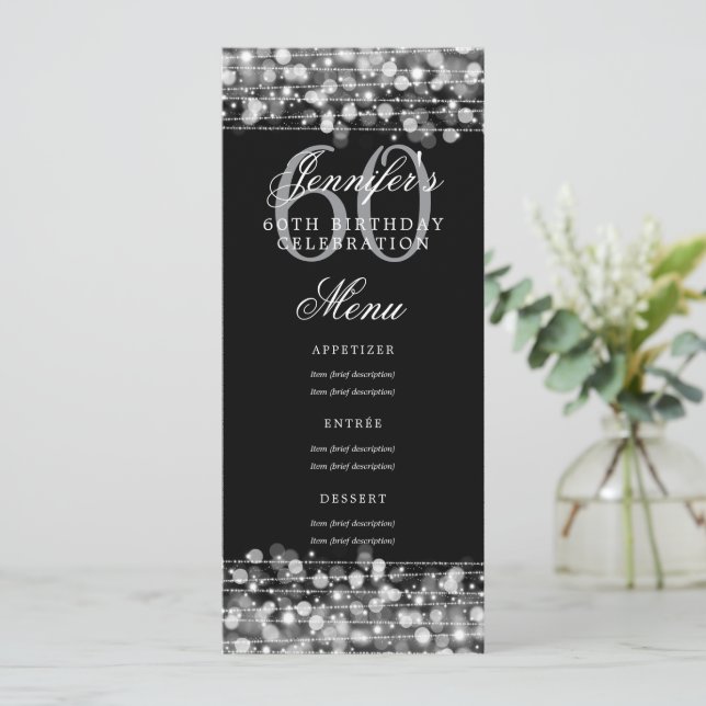 Invitación Elegante menú de Fiesta de Cumpleaños 60 Luces Pla (Anverso de pie)