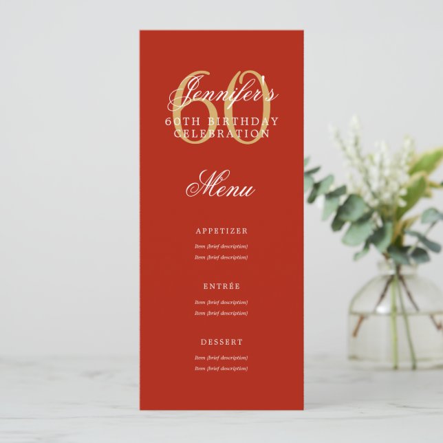 Invitación Elegante menú de Fiesta de Cumpleaños 60 Rojo Oro (Anverso de pie)