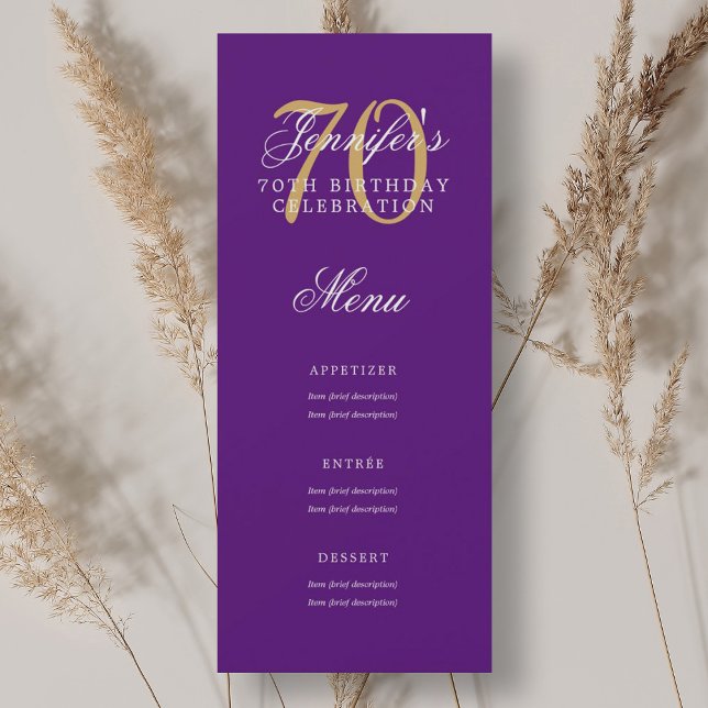 Invitación Elegante menú de Fiesta de Cumpleaños 70 Dorado Pú (Elegant 70th Birthday Party Menu Gold Purple Invitation)