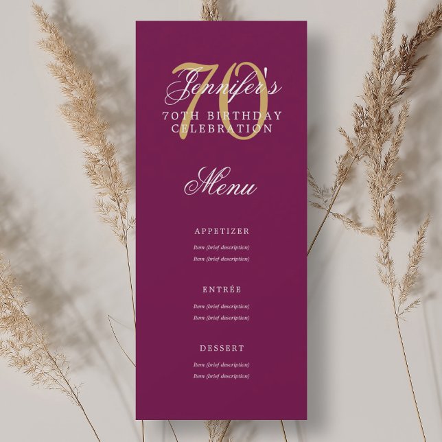 Invitación Elegante menú de Fiesta de Cumpleaños 70 Gold Mage (Elegant 70th Birthday Party Menu Gold Magenta Invitation)