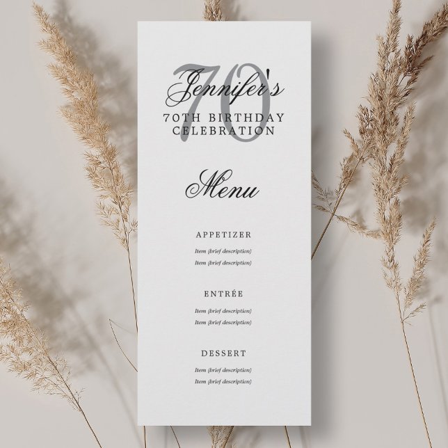 Invitación Elegante menú de fiesta de cumpleaños 70 Plata (Elegant 70th Birthday Party Menu Silver Invitation)