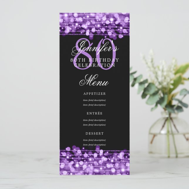 Invitación Elegante menú de fiesta de cumpleaños 80 Luces mor (Anverso de pie)