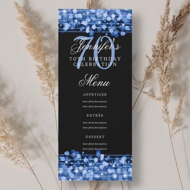 Invitación Elegante menú de fiesta de cumpleaños número 70 Lu (Elegant 70th Birthday Party Menu Navy Blue Lights Invitation)