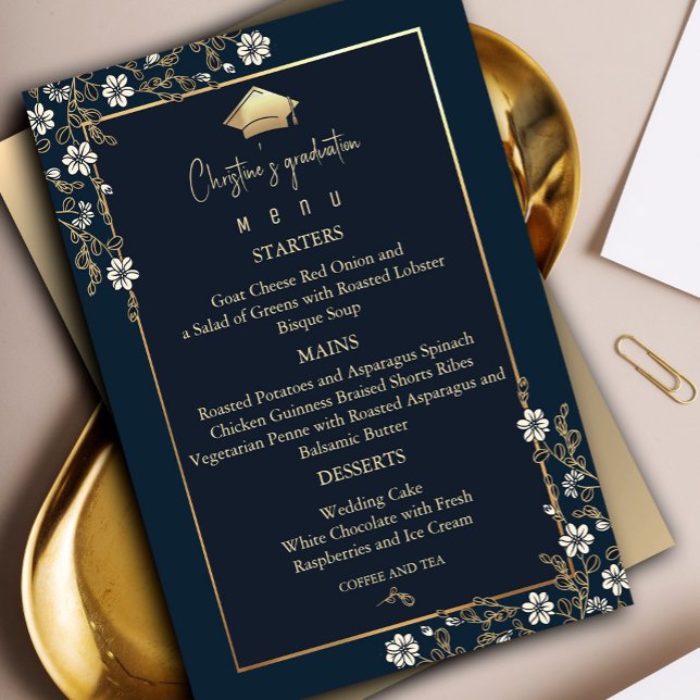 Invitación Elegante menú de graduación de la Marina Azul y Or (Elegant Navy Blue and Gold Graduation #graduationparty #graduate #menu #dinner #dining #floralframe)
