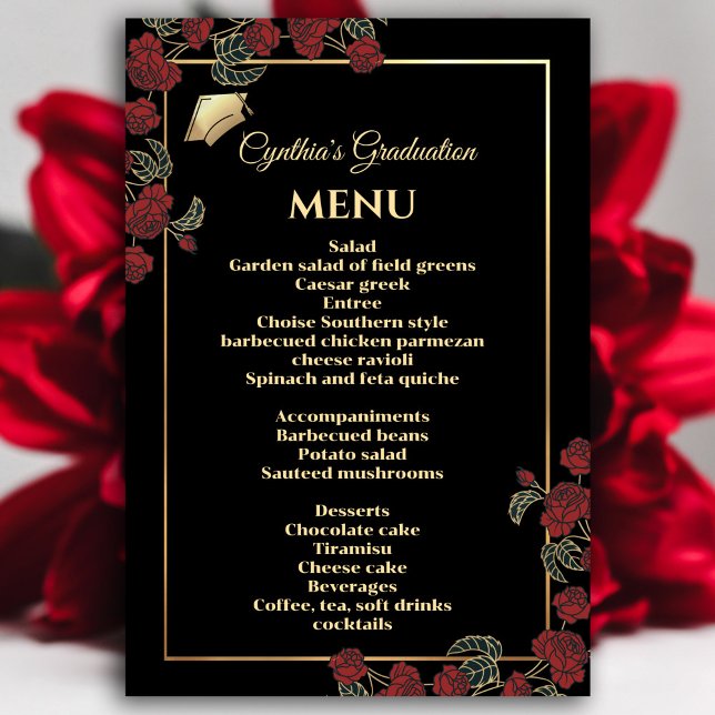 Invitación Elegante menú de graduación rojo y oro (Elegant Red and Gold Graduation Menu Invitation #dinnerparty #graduationmenu #zazzlemade #redfloral)