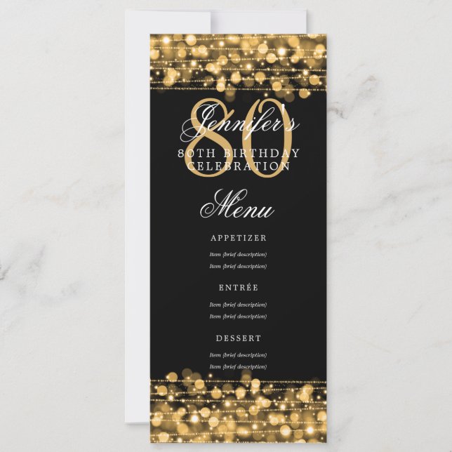 Invitación Elegante menú de la Fiesta de Cumpleaños 80 Luces  (Anverso)