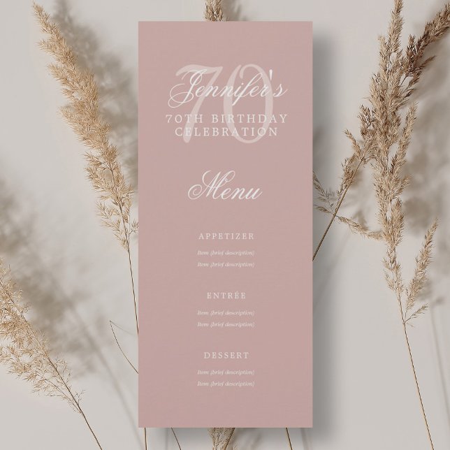 Invitación Elegante menú de la fiesta de cumpleaños número 70 (Elegant 70th Birthday Party Menu Dusty Rose Invitation)